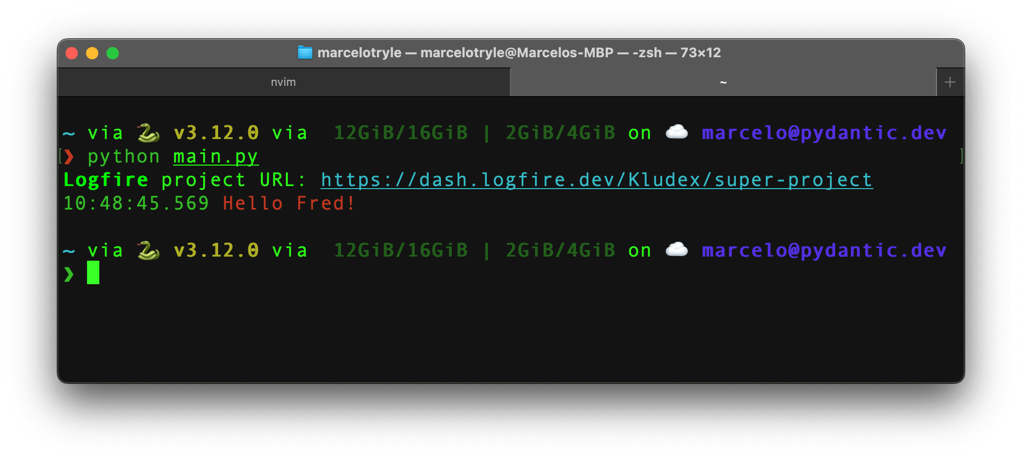 Terminal with Logfire output